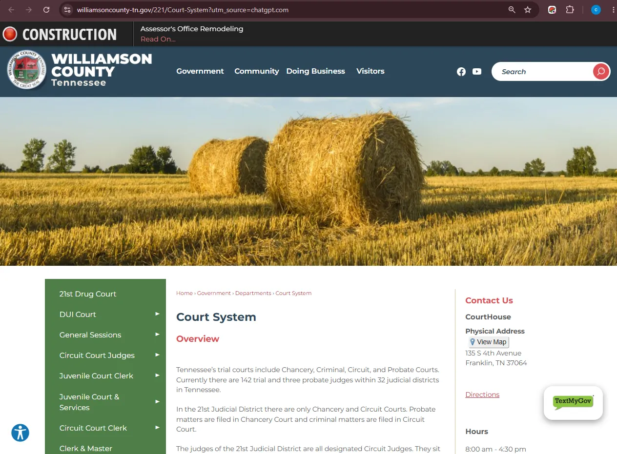 Official Williamson County Chancery Court probate page showing Clerk and Master probate information for estate, will, letters, guardianship and conservatorship help