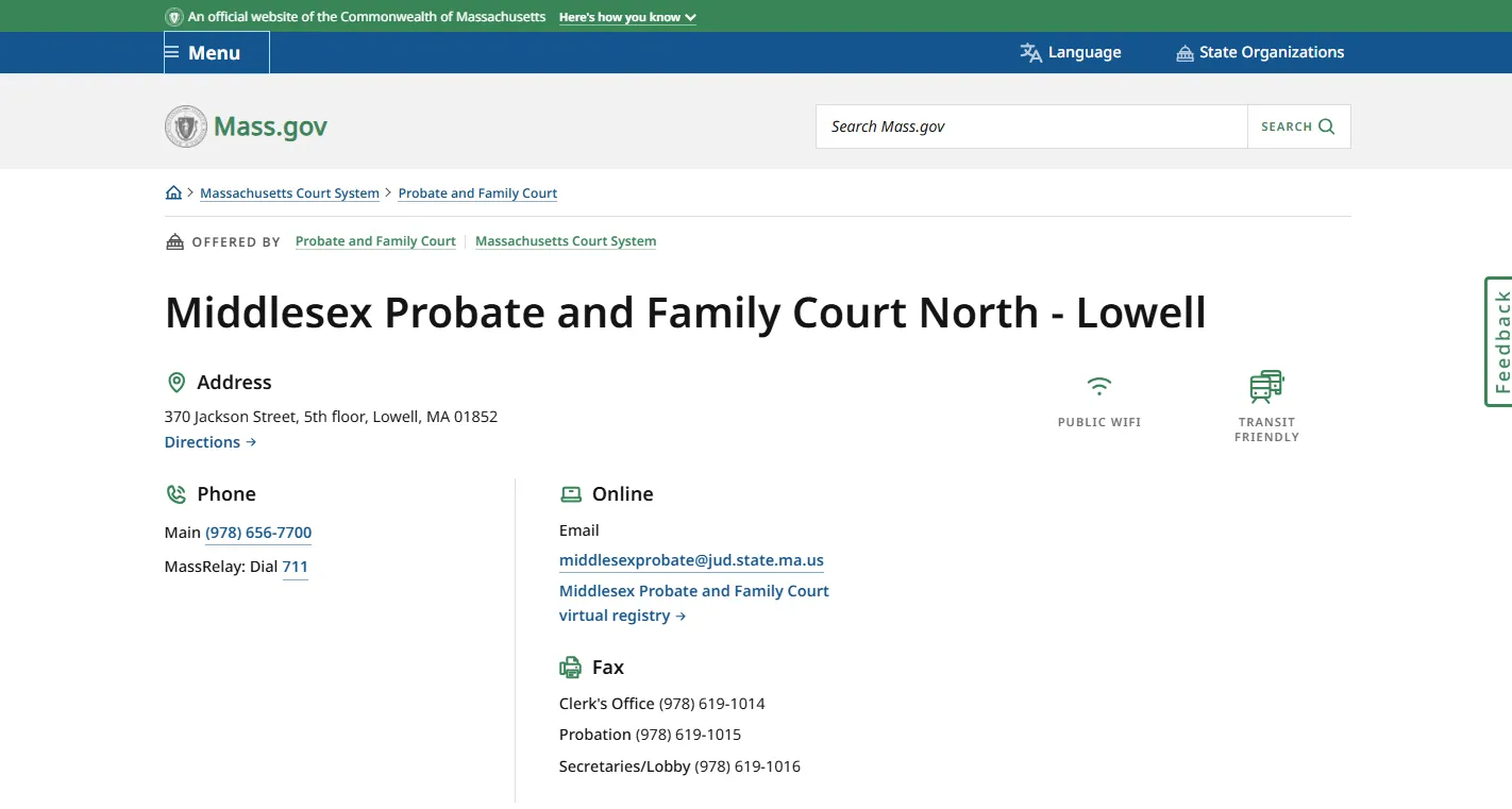 Official Mass.gov Middlesex Probate and Family Court North Lowell page screenshot with court address and contact details