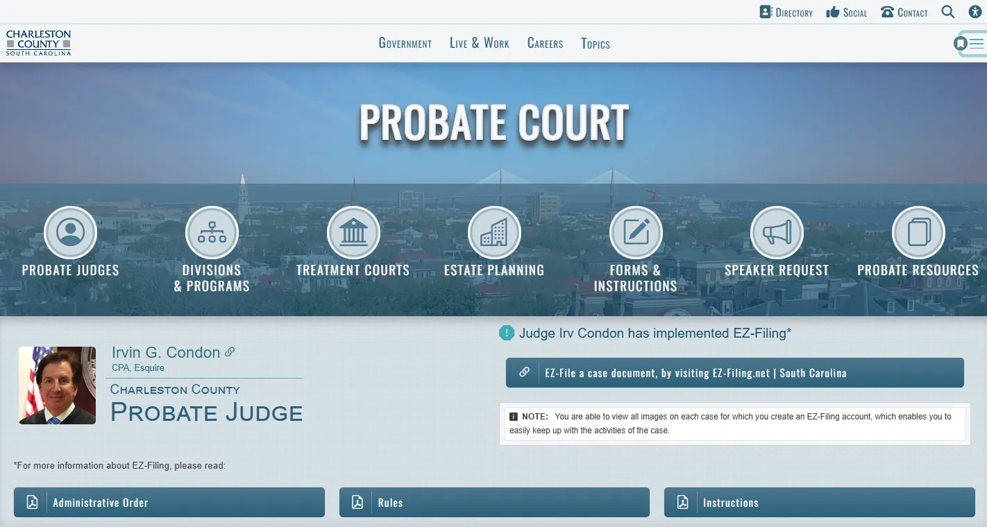 Official Charleston County Probate Court page screenshot showing probate divisions, estate search links, contact information and court services
