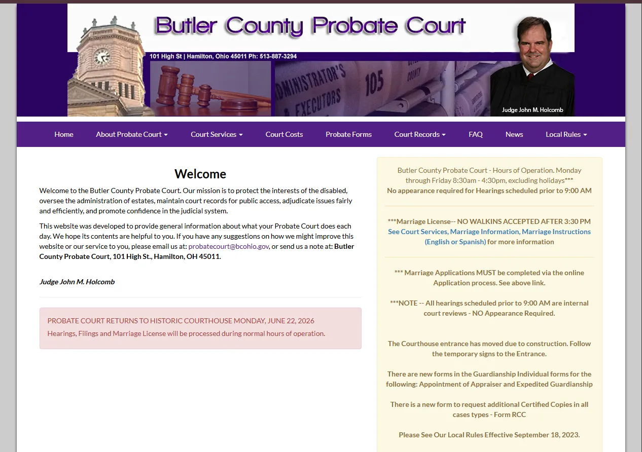 Official Butler County Probate Court Ohio website screenshot showing probate record search, court contact, forms, and marriage application options