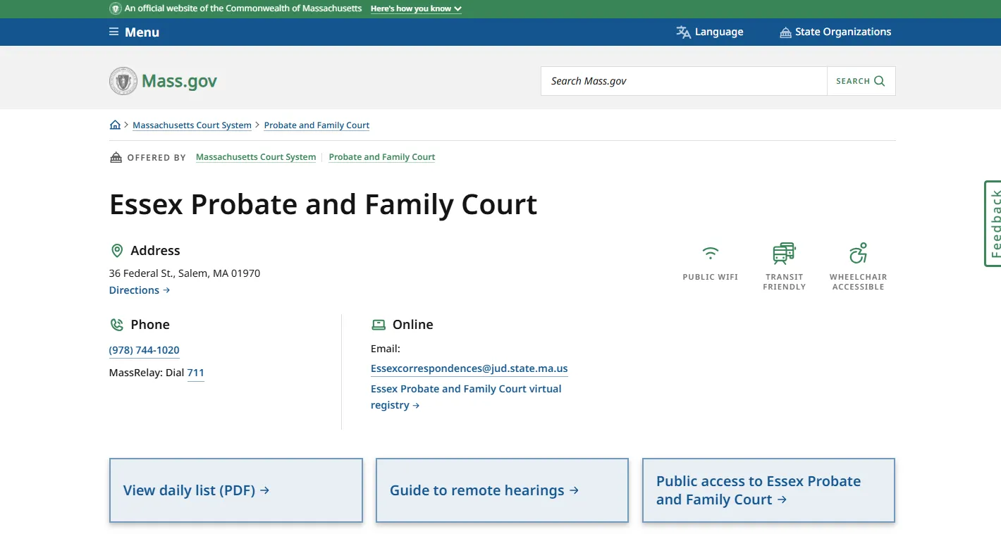 Official Essex Probate and Family Court Mass.gov page showing Salem court location, Probate and Family Court details, and Essex County court information