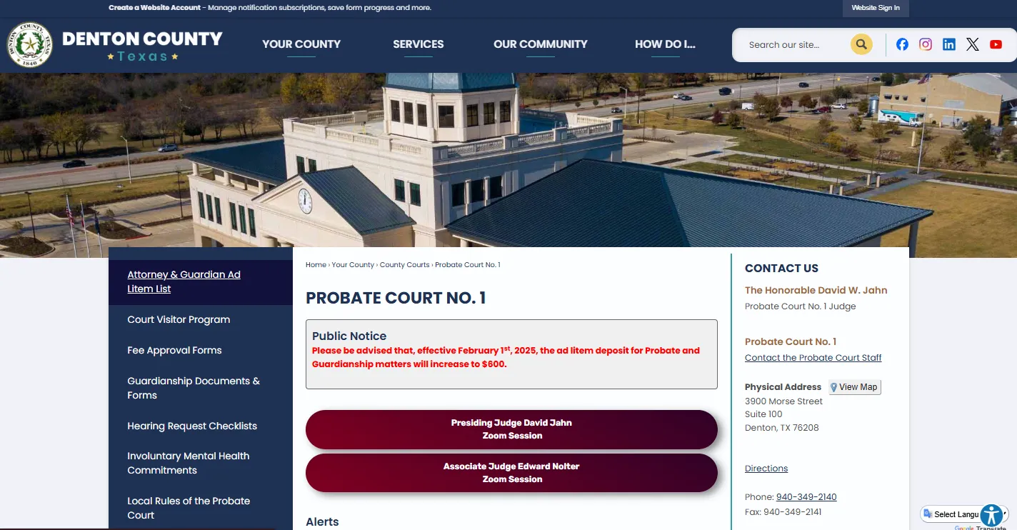 Official Denton County Probate Court page screenshot showing probate court records, forms, fees and contact information