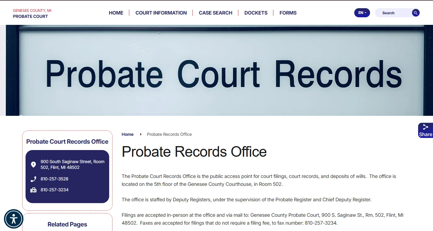 Official Genesee County Probate Court website screenshot showing case search, records requests, probate forms, court schedules, address and phone