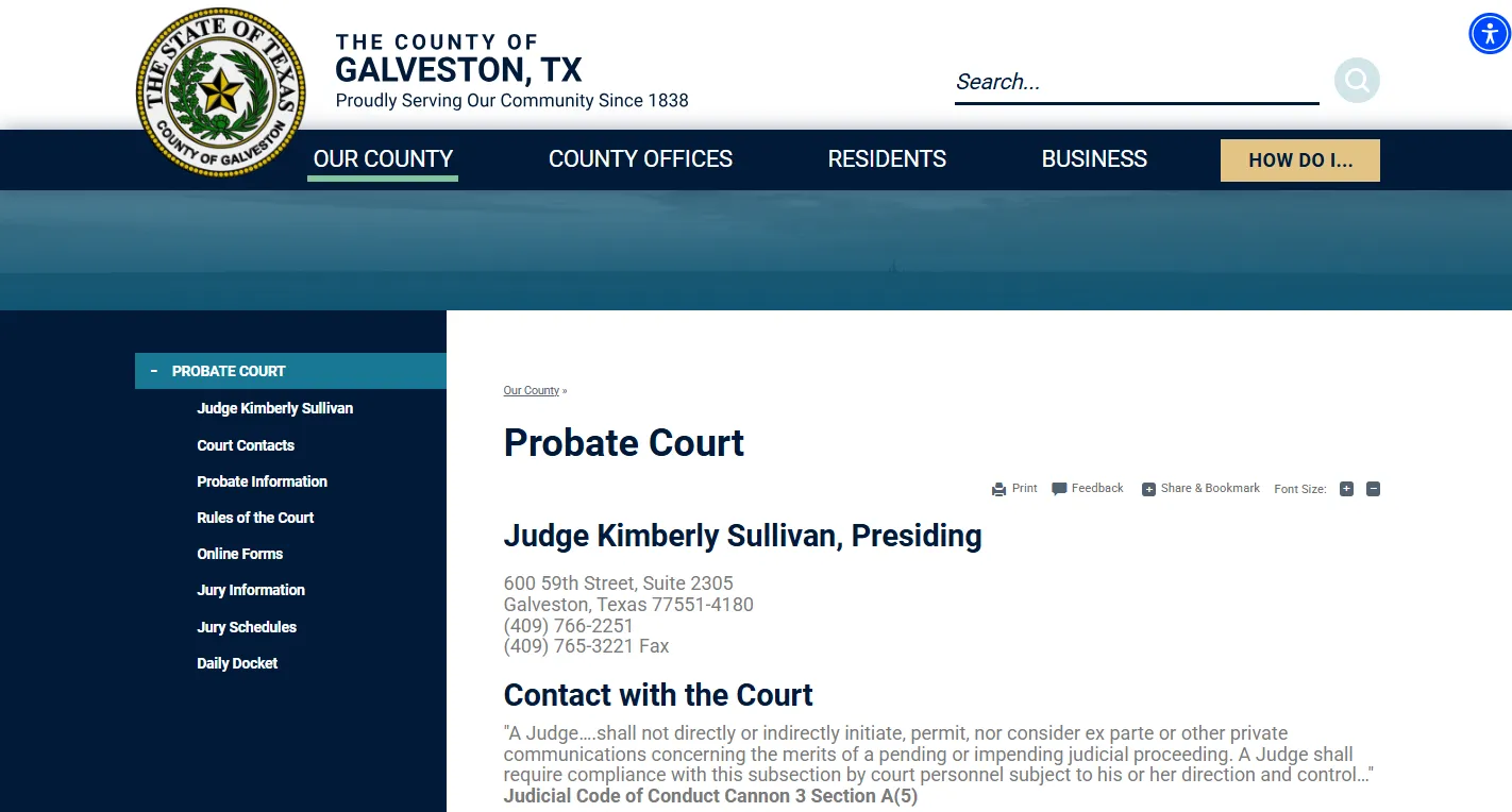 Official Galveston County Texas Probate Court page screenshot showing probate records, wills, estates, guardianship, forms, e-filing, court contacts, and case search resources