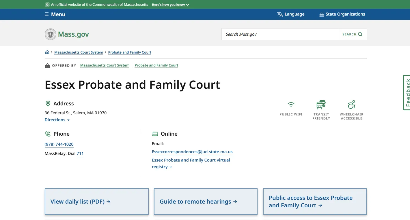 Official Essex Probate and Family Court Salem MA page screenshot showing Mass.gov court location, probate records, virtual registry, forms, fees, and case search resources
