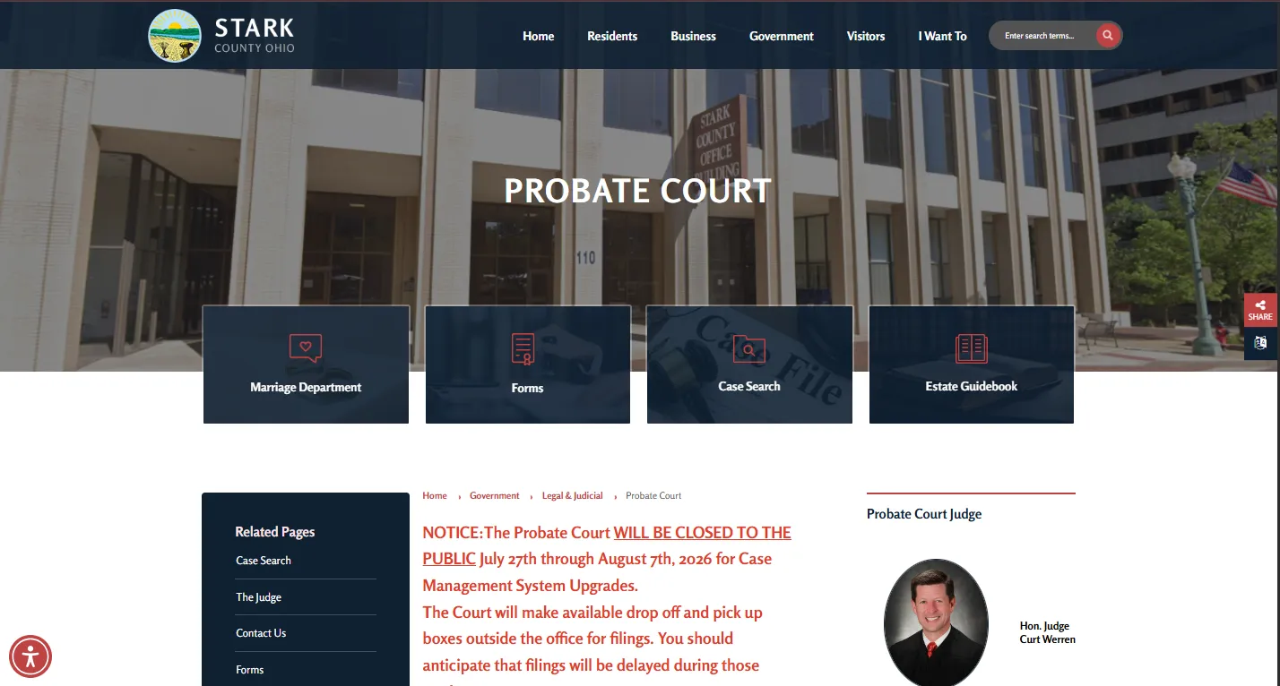 Official Probate Court of Stark County Ohio website screenshot showing case search, probate records, forms, local rules and Canton court contact information