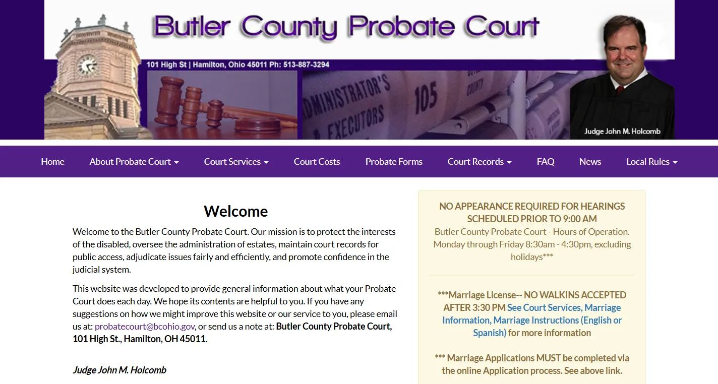 Official Butler County Probate Court website screenshot showing probate records search, wills on deposit, forms, court costs and Hamilton Ohio court information