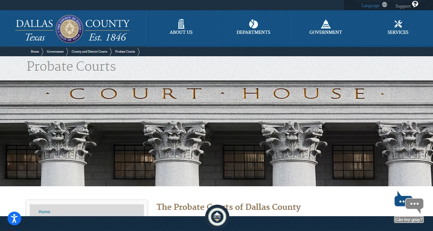 Official Dallas County Probate Courts page screenshot showing probate courts, judges, estate records, wills, guardianships, and George Allen Courts Building address