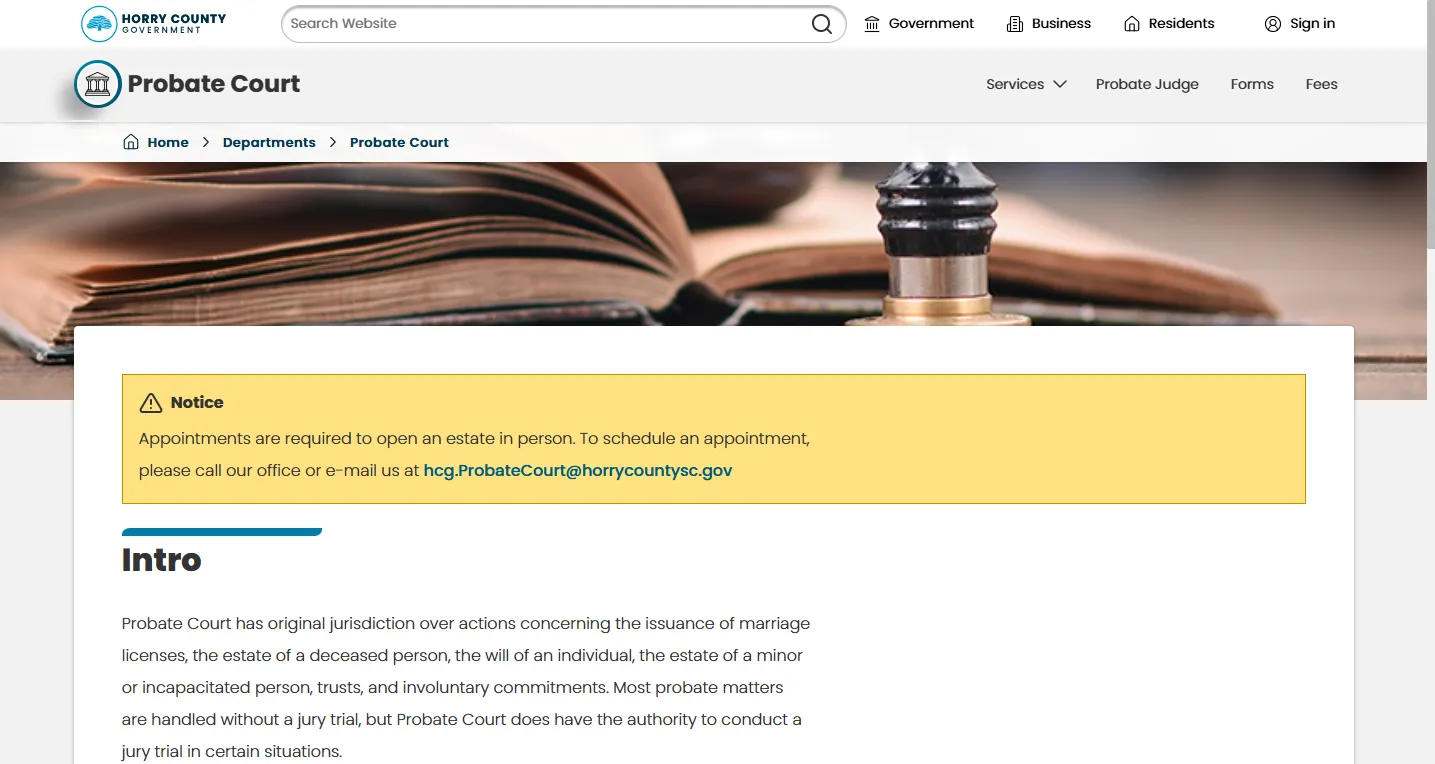 Official Horry County Probate Court website screenshot showing Conway SC probate records, estate, forms, fees and public inquiry options