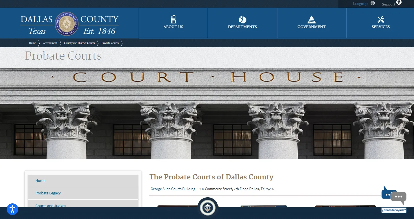 Official Dallas County Probate Courts page screenshot showing probate court locations, judges and Dallas probate resources