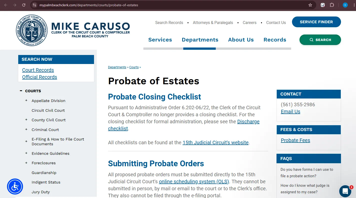 Official Palm Beach County Clerk Probate of Estates page screenshot showing probate records, estate filing, and eCaseView guidance
