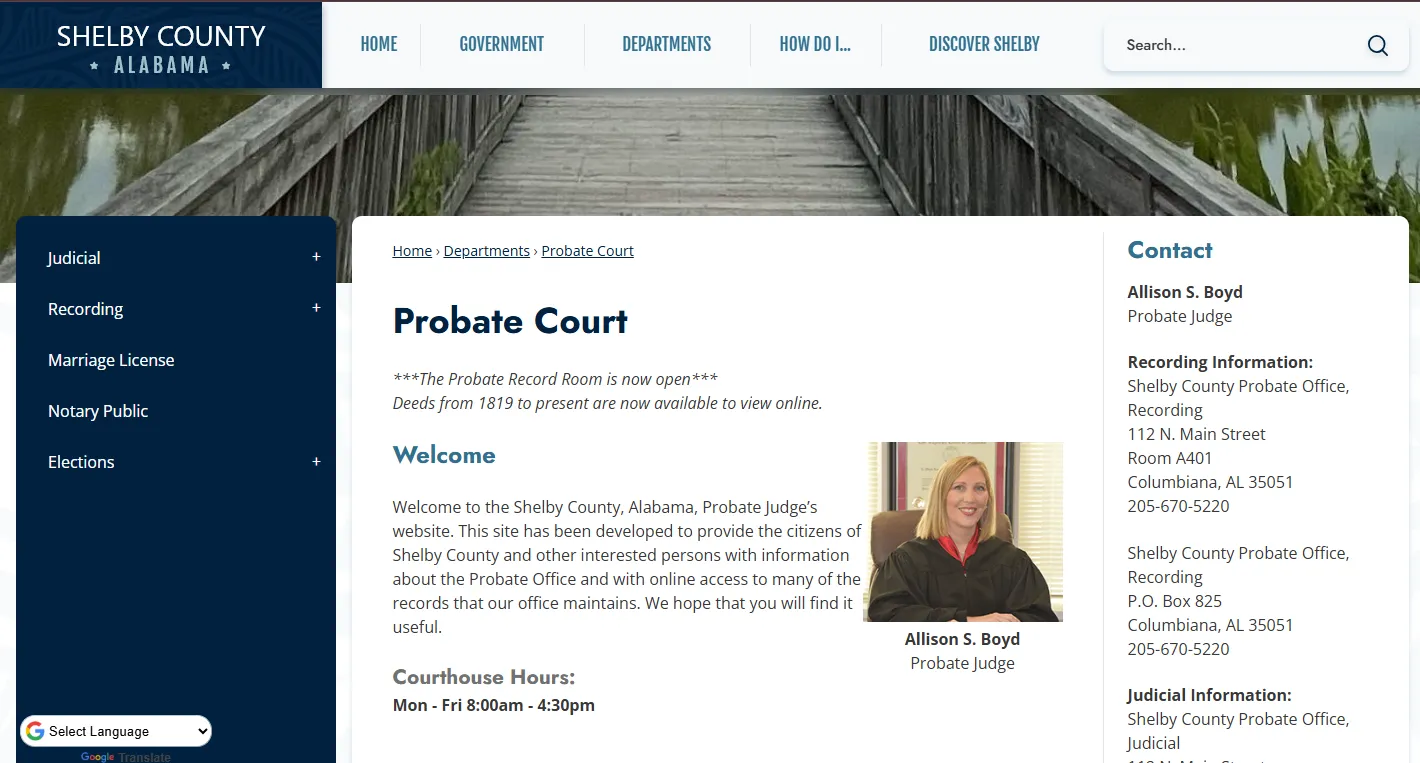 Official Shelby County Alabama Probate Court page screenshot showing probate records, wills, estates, certified copies, e-filing, and court contact information