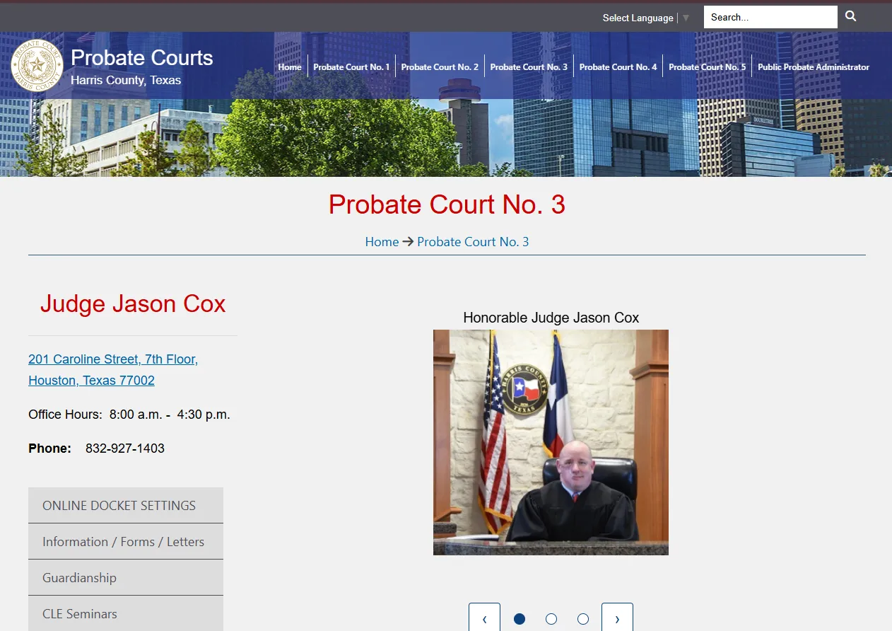 Official Harris County Probate Court No. 3 page screenshot showing Judge Jason Cox, court address, phone number and docket schedule