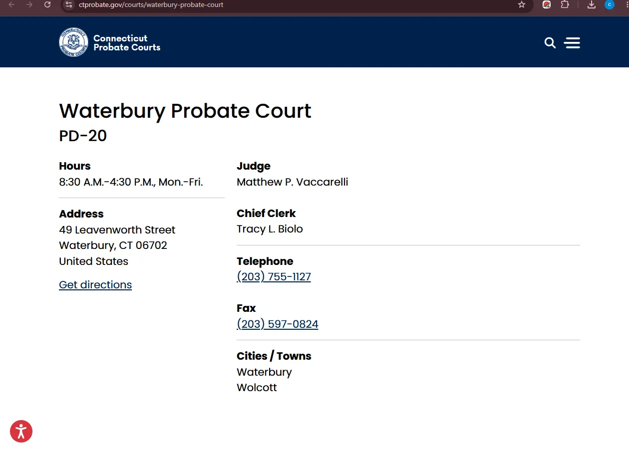 Official Connecticut Probate Courts screenshot of Waterbury Probate Court PD-20 with address, judge, clerk, phone, hours and towns served