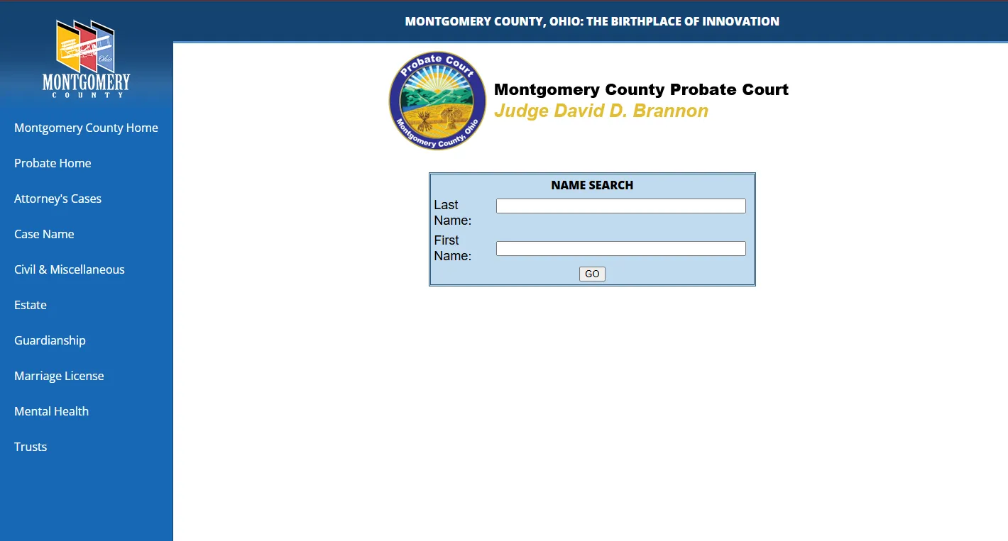 Official Montgomery County Probate Court Dayton Ohio website screenshot showing probate records, forms, fees and court contact options