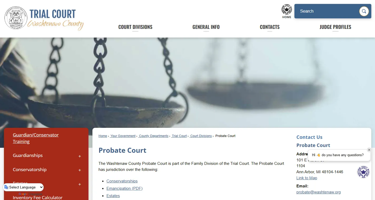 Official Washtenaw County Probate Court page screenshot showing Ann Arbor probate services, estates, guardianships, conservatorships, mental health, and wills for safekeeping