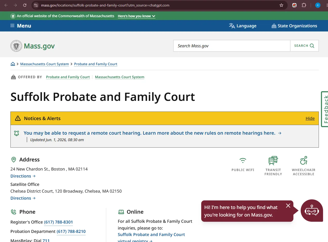 Official Mass.gov screenshot of Suffolk Probate and Family Court location page for Suffolk County probate records and estate filings