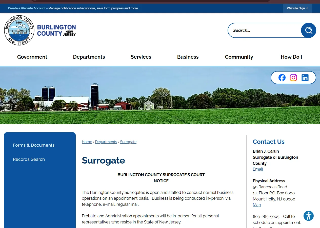 Official Burlington County Surrogate Court page screenshot showing probate appointments, record search guidance, address, phone, and office hours