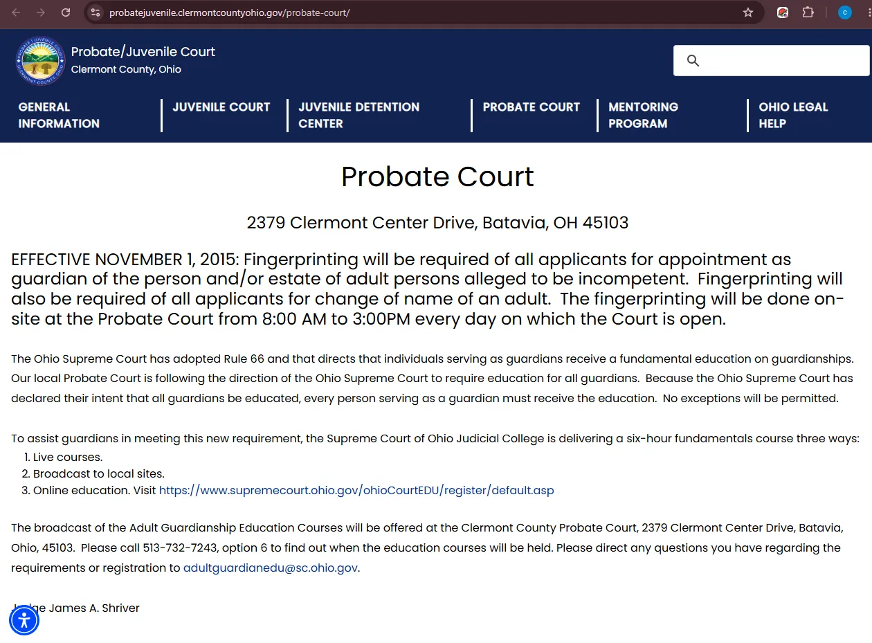 Official Clermont County Probate Court page screenshot showing Probate Court address, forms guidance, and case access information