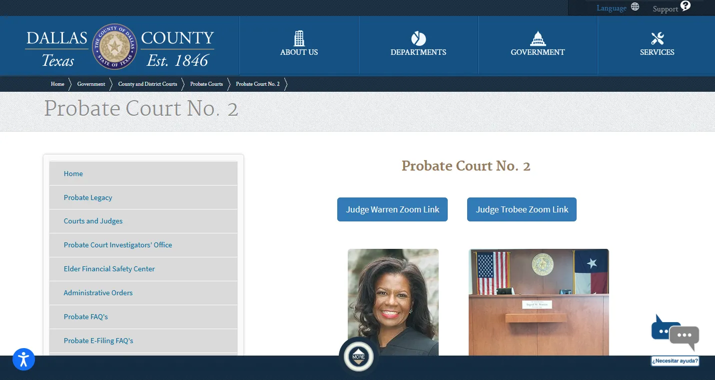 Official Dallas County Probate Court No. 2 webpage screenshot showing court address, judge information and probate case resources