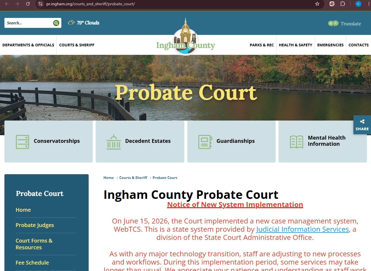 Official Ingham County Probate Court page screenshot showing probate records, filing hours, forms and court contact information