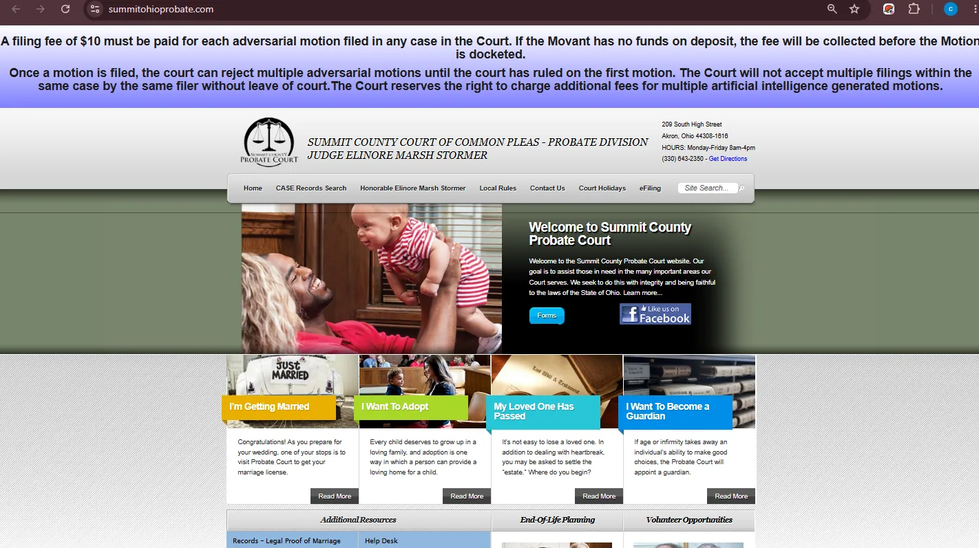 Official Summit County Probate Court website screenshot showing CASE Records Search, forms, court costs, eFiling, Help Desk, and Akron court contact information
