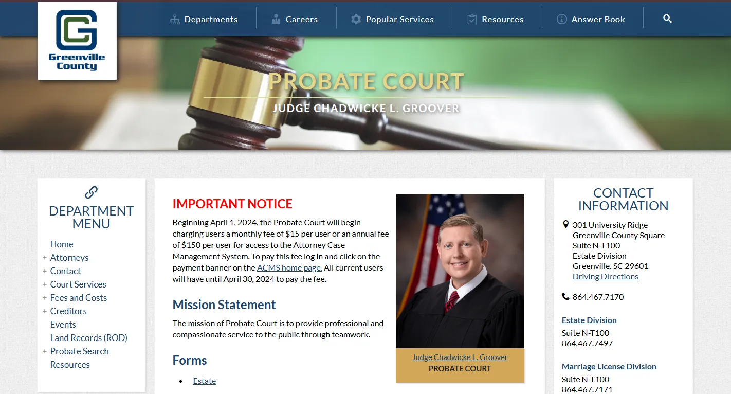 Official Greenville County Probate Court page screenshot showing probate records, estate search, marriage license and court division information