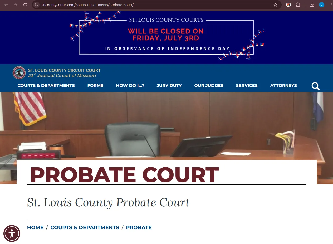 Official St. Louis County Probate Court Missouri website screenshot showing probate court contact, forms, fees, Case.net guidance, and Clayton courthouse details