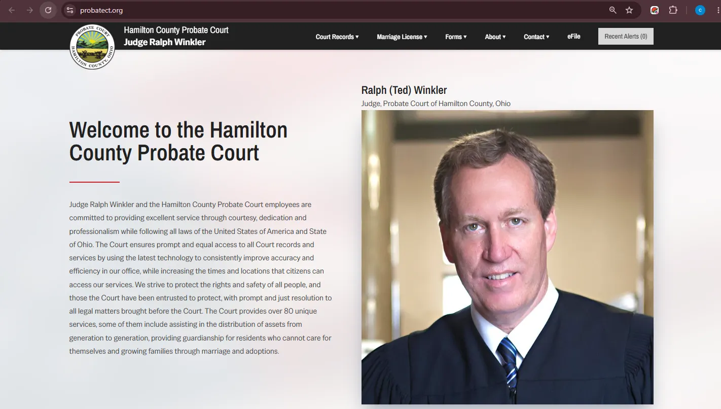 Official Hamilton County Probate Court website screenshot showing probate records, court forms, marriage license, and Cincinnati courthouse information