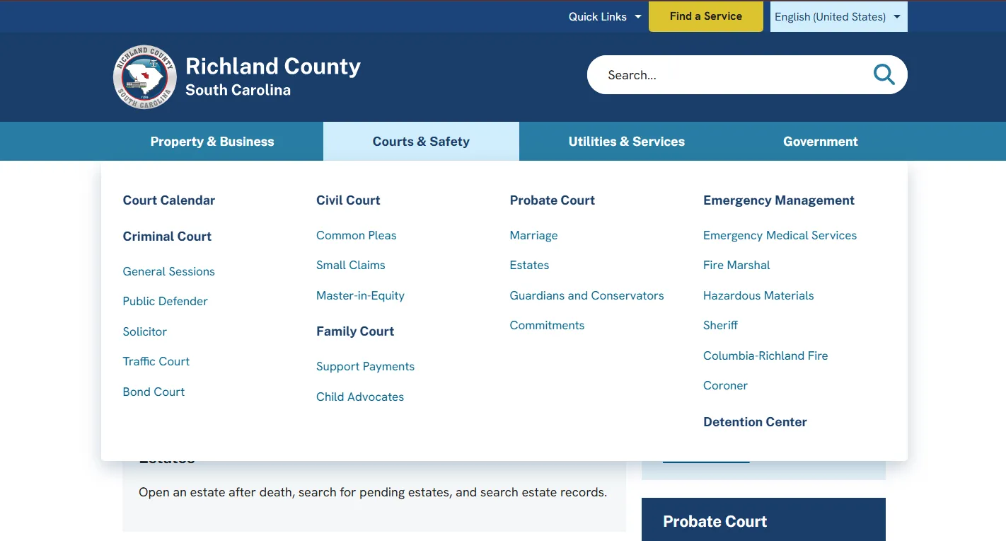 Official Richland County Probate Court page screenshot showing estate records, marriage licenses, guardianship, conservatorship, phone number, and Columbia SC location