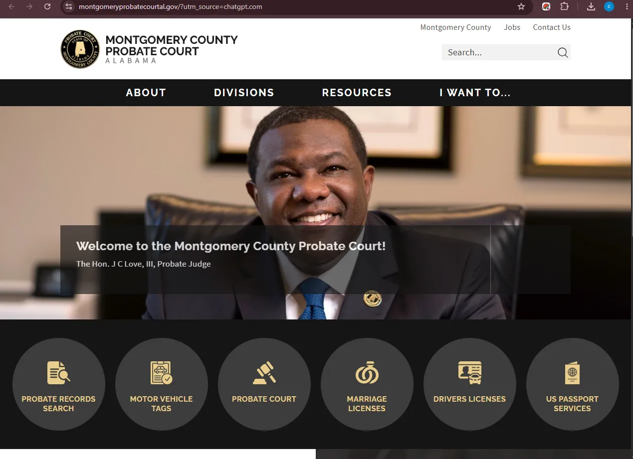 Official Montgomery County Probate Court Alabama website screenshot showing probate records search, forms, Probate Judge J C Love III, address and phone