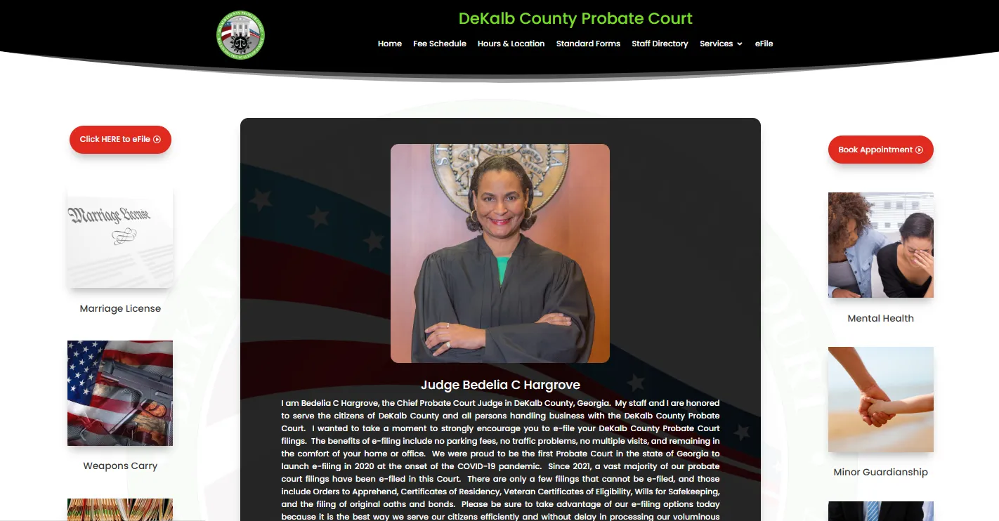 Official DeKalb County Probate Court website screenshot showing Decatur GA probate services, records, wills, estates and e-filing options