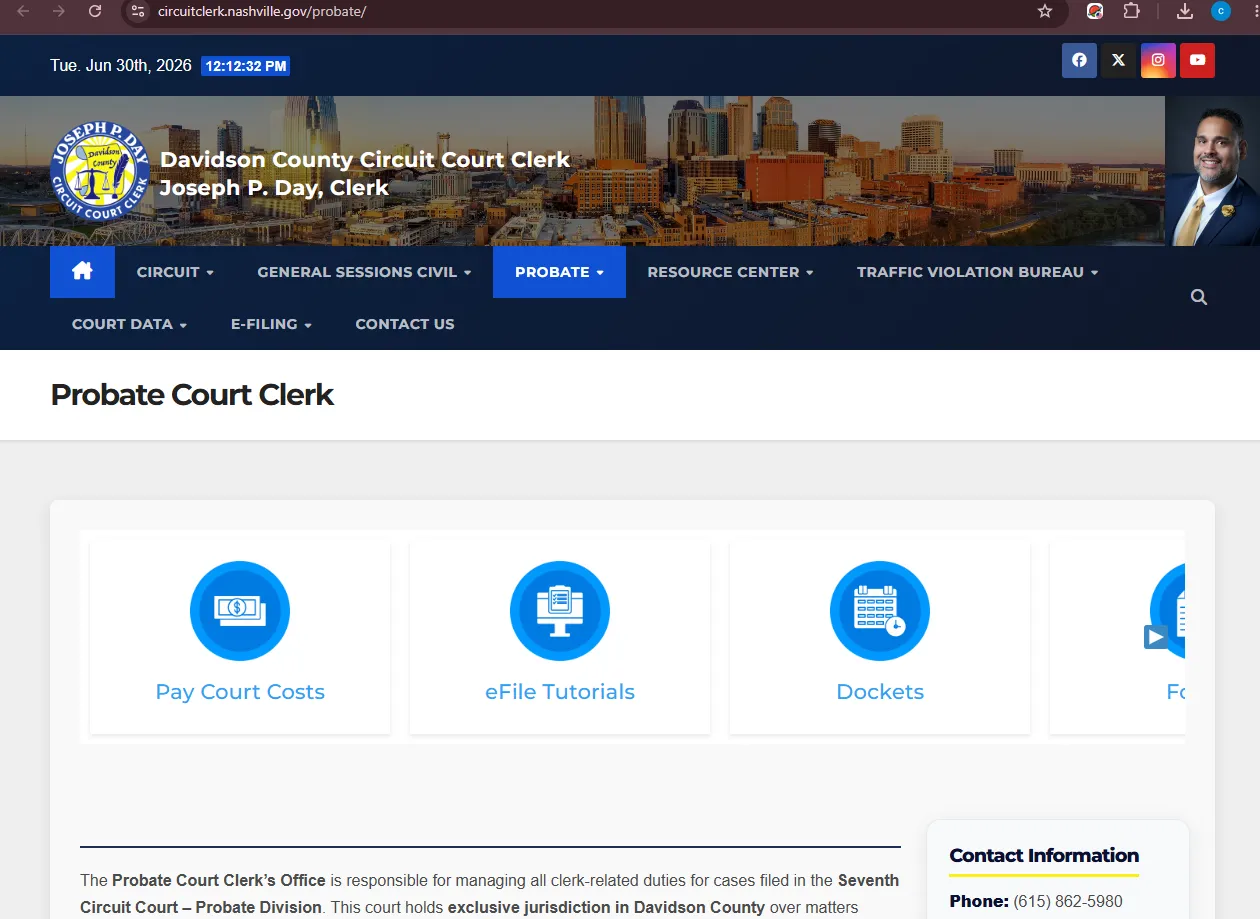 Official Davidson County Probate Court Clerk page screenshot showing probate estate records, dockets, forms, fees and clerk contact information