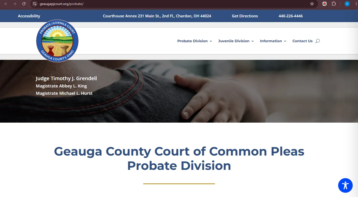 Official Geauga County Probate Court website screenshot showing probate division records, forms, docket search, and court information