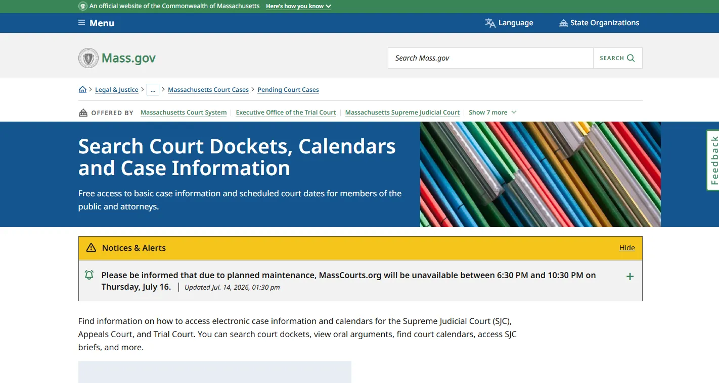 Official Hampden Probate and Family Court Mass.gov page screenshot showing Springfield court address, phone and probate resources